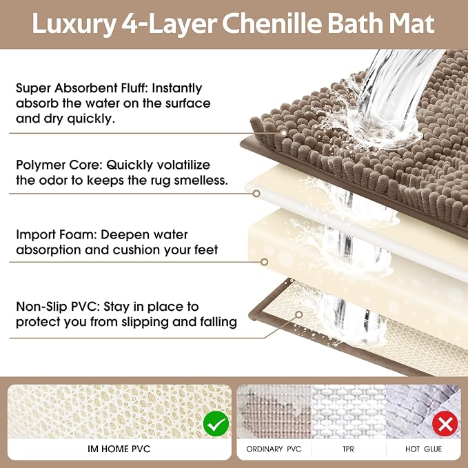 Striped Dark Beige Toilet Bathroom Rug Mat Set 2 piece Rug Ultra Soft, Non Slip Chenille Bath Rugs, Absorbent Plush Shaggy Bath Mats for Bathroom, Bedroom, Kitchen, Shower, Tub,Taupe