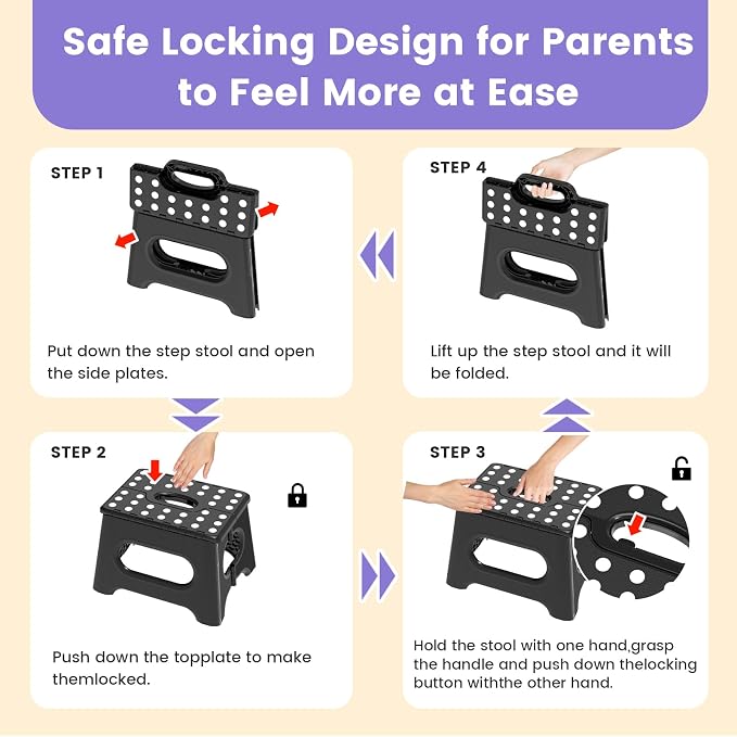 HBTower Folding Step Stool 9 Inch, 600 LBS Capacity with Safety Lock, Black | Compact Step Stool Foldable for Kids & Adults, Portable Carry Handle, Collapsible Foot Stool, Kitchen, Bathroom & Outdoor