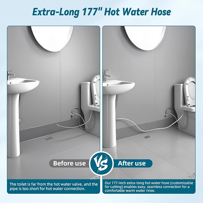 Hibbent 117 Inch Hot Water Bidet Hose Replacement with Metal 9/16''-9/16''-1/4'' or 3/8''-3/8''-1/4'' Bidet T-Adapter, 3-Way Tee Connector for Toilet Bidet Attachment