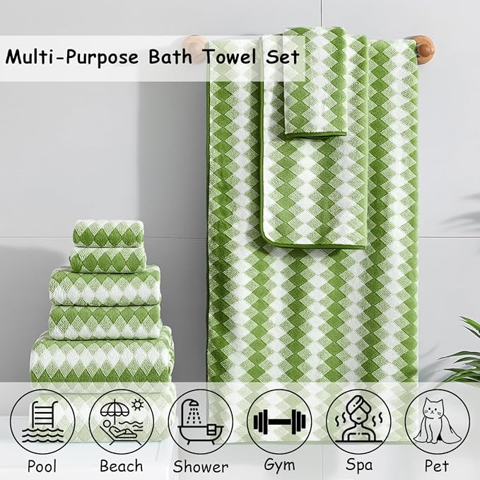 12 Pcs Dark Green White Diamond Towel Set-4 Bath Towels,4 Hand Towels,4 Washcloths Soft Polyester Bath Towel with Loop Absorbent Shower Towel Quick Dry Family Towels for Bathroom Spa Gym