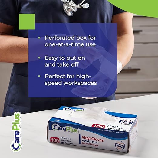 CARE PLUS Vinyl Gloves Clear Small, Disposable Latex Free, 1000 Count | Powder free exam grade protection for food service, salons & housekeeping; ambidextrous, tear resistant, comfortable fit