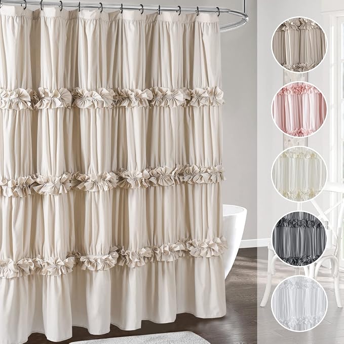 Camel Ruffle Shower Curtain 72" W x 72" H | Vintage Handcrafted Bow Tie Bath Curtain for Master Bathroom, Ruched Microfiber Bathroom Curtain with 12 Buttonholes (LQ-10)