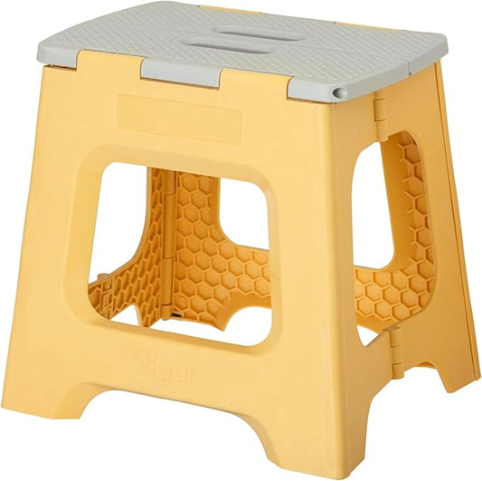 Vigar Compact Folding Step Stool, 12-1/2 in, Yellow | 12-1/2 in Foldable Stool, Lightweight Portable Design, Handle, Non Slip Surface, Space-Saving, Supports up to 330 lb