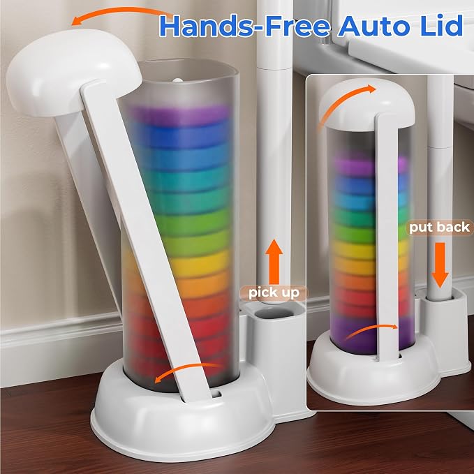 Disposable Toilet Brush Set with Caddy, 2 Handles, 28 Refills | Hands-free eject, secure-lock heads, 17 in handles, floor-standing caddy, preloaded sponge refills for toilet bowl cleaning
