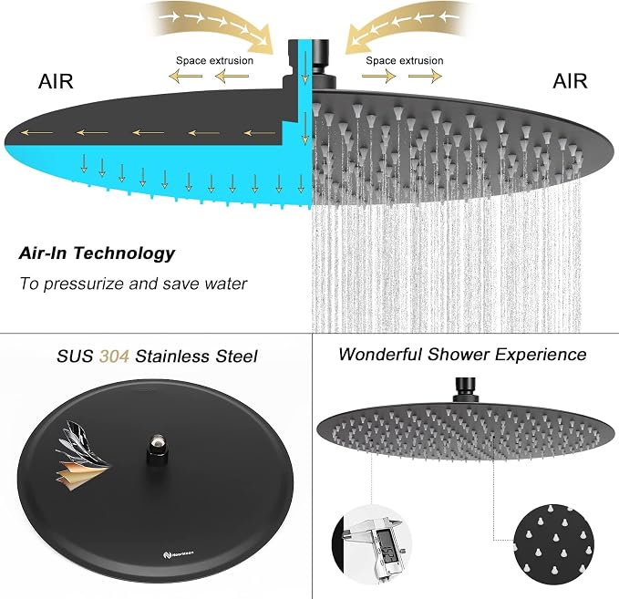 NearMoon Rain Shower Head, Ultra-Thin Design-Pressure Boosting, Awesome Some Experience, High Flow Stainless Steel Rainfall Head (16 Inch, Matte Black)