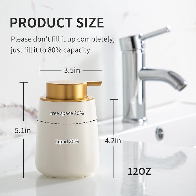 Enra Foaming Soap Dispenser, White Ceramic Hand Soap Dispenser Gold Pump | 12oz Ceramic Body with Wide-Mouth Refill Opening. Neutral Gray Finish Adds Style to Kitchens, Vanities and Countertops.
