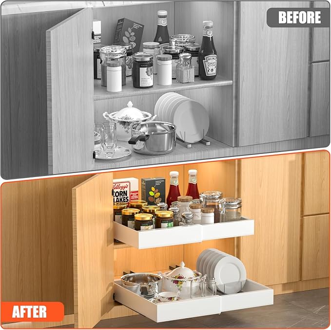 4 Pack Expandable Pull Out Cabinet Organizer | fixed by nano adhesive film,heavy duty sliding drawer,suitable for kitchen,pantry cabinet storage