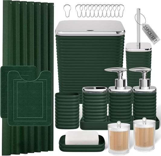 Bathroom Set - 25PC Bathroom Sets with Shower Curtain and Rugs, Green Bathroom Set, Bathroom Accessory Set, Luxury Bathroom Accessories Set, Trash Can, Toilet Brush, Soap Dish & Soap Dispenser