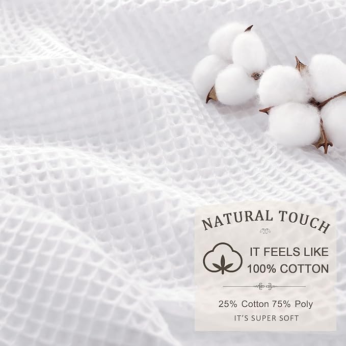 Waterproof Waffle Shower Curtain Heavyweight Cotton Fabric White 72Wx72L | Soft Cotton Cloth,3D Square Truely Waffle,Waterproof,Washable, Hotel Luxury Spa, Shower Curtain for Bathroom 12 Plastic Hooks