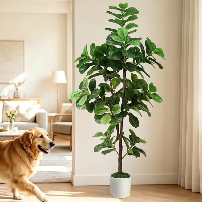 7FT Artificial Fiddle Leaf Fig Tree with White Planter & Fake Moss, Realistic Faux Ficus Lyrata Floor Plant for Indoor Home Office Decor, Housewarming Gift