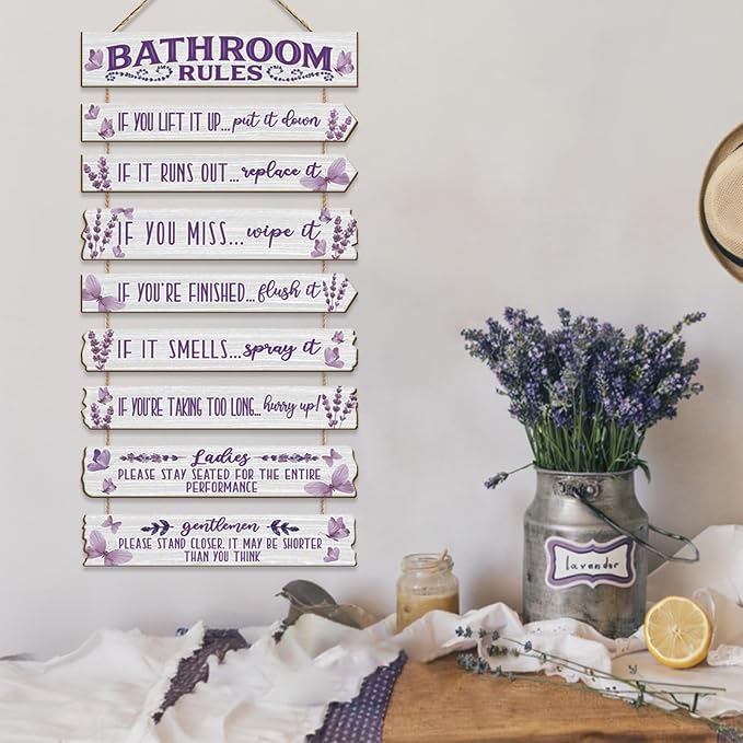 Bathroom Wall Decor Funny Bathroom Signs Bathroom Rules Pictures Wall Art Decor Rustic Farmhouse Toilet Decor Wooden Sign (Lavender)