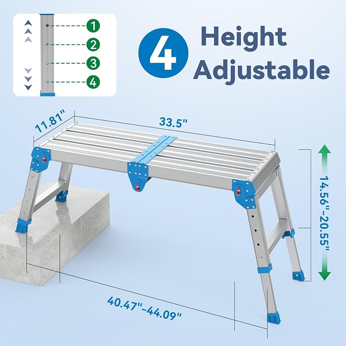 Work Platform 500 lbs with One-Touch Automatic Fold, Larger, Blue | Folding Step Stool, 4 Height Adjustment Platform Step, Perfect for RV Cleaning, Home Painting and Reaching High Places