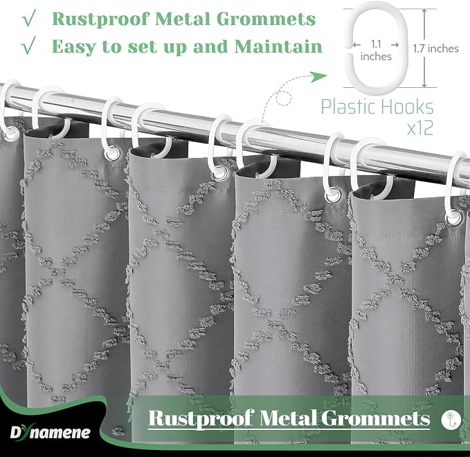 Boho Farmhouse Fabric Shower Curtain Tufted Geometric 72x72 Grey | Elegant Tassel, Soft Lightweight Textured Fabric, Water Repellent, Washable, Hotel Spa, for Bathroom/Dorm/Apartment 12 Hooks