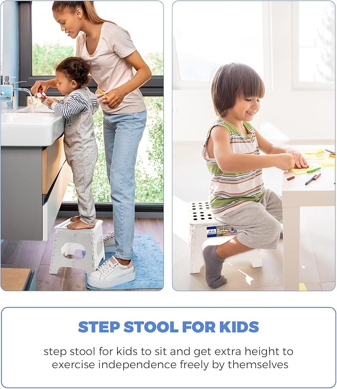 ACKO Folding Step Stools 11 Inch, 2 Pack, 300 lbs, White | Lightweight Collapsible Stools for Adults and Kids with Handles, Non-Slip, for Kitchen, Bathroom, Bedroom and Closet