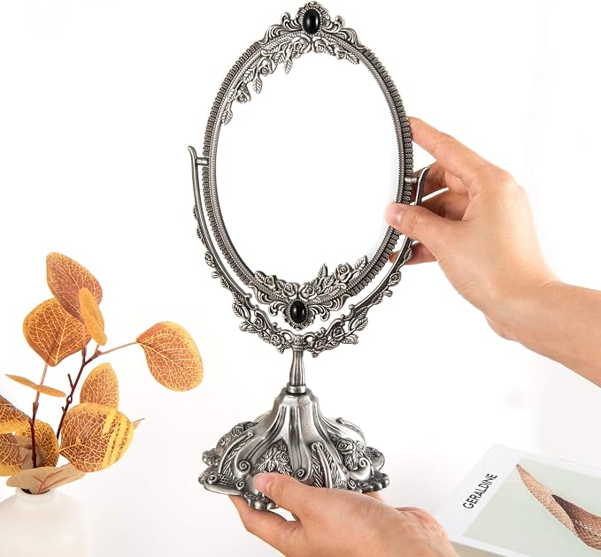 Feyarl Small Vintage Makeup Mirror Floral Tabletop Oval Vanity Mirror with Stand Dressing Room Swivel Double Sided Elegant Decorative Mirror Embossed Frame (Pewter)