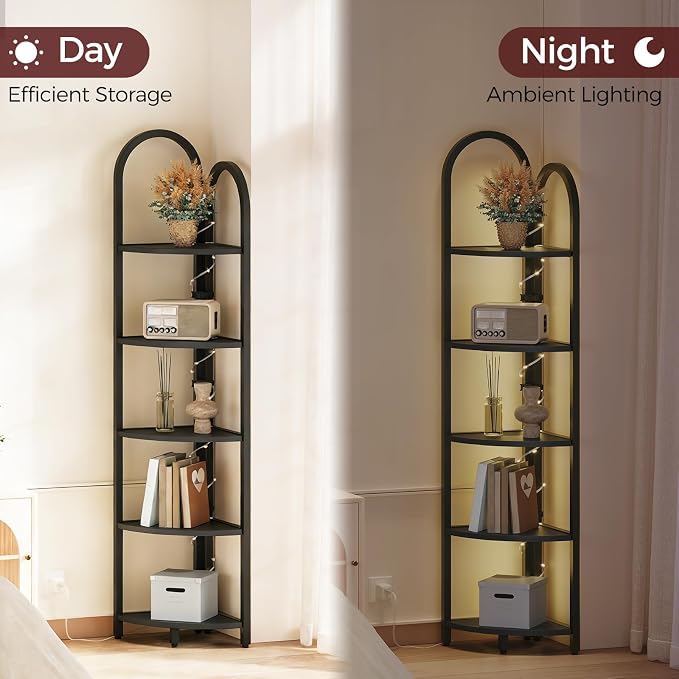 MAHANCRIS 5-Tier Corner Shelf with LED Light, 64.6'' Tall Corner Bookshelf, Narrow Storage Shelf with Metal Frame, for Living Room, Bedroom, Small Spaces, Black CSBK55101