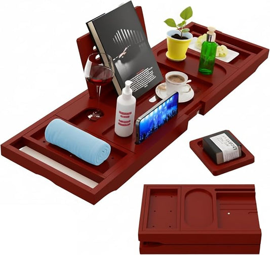 Bamboo Bathtub Caddy Tray Expandable & Foldable Bath Shelfwith Book, Tablet & Wine Holder Adjustable Wooden Bath Tray for Relaxing Spa atHome – Fits Most Tub Sizes.