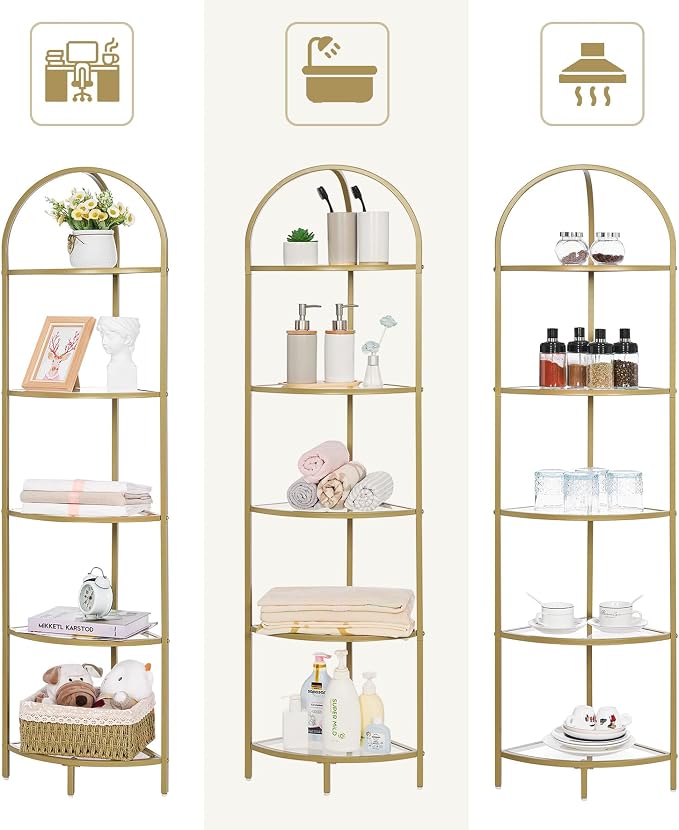 Homhedy 5-Tier Gold Corner Shelf Stand, Metal Corner Bookshelf | Display Shelf, Tempered Glass Shelves, Plant Stand, Storage Rack Shelf for Bedroom, Living Room, Home, Office, Gold