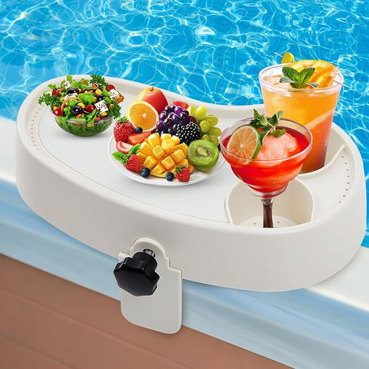 1 Pc Hot Tub Table Tray, Adjustable Aboveground Bathtub Tray with 2 Cup Holder, Between 2'' to 7.5'' Nonslip Hot Tub Accessories Shelf Drinks Snacks Phone Holder for Spa Bathtub (Ivory White)