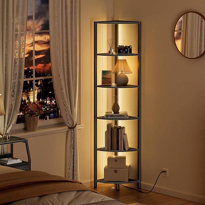 6 Tier Corner Shelf with LED Light, 67.5" Black Narrow Bookshelf | Tall Standing Shelf Organizer, Storage Rack for Wall Corner, Living Room, Bedroom, Metal Frame, Wood Display Shelf