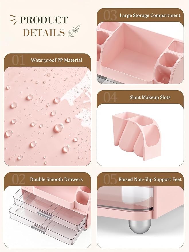 Large Makeup Organizer Countertop for Vanity Skincare Organizers | Waterproof Perfumes Organizers with 2 Drawers and Brushes Holders, Cosmetic Storage for Lipsticks,Eyeshadow Palettes, Pink