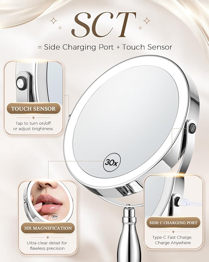 30X/1X Magnifying Mirror with Lights, Rechargeable Lighted Makeup Mirror | Chome, 5000mAh Battery, 3 Color Dimmable Lights, 8in, Side Touch Control, Side Charging, 360° Rotation, Extendable Arm
