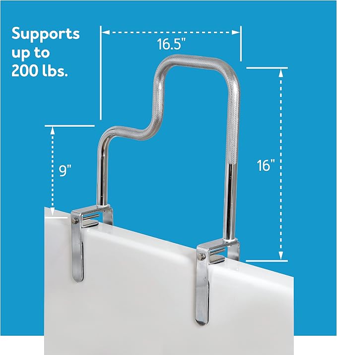 Carex Tri-Grip Bathtub Handle Grab Bar with Chrome Finish, Bathtub Grab Bar for Seniors and Handicap, Detachable Toilet Safety Frame with Handles for Assistance in Getting In and Out of Tub