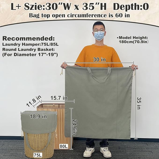 Cotton Canvas Laundry Bag 30"Wx 35"H with Handles Drawstring, CottonGray | Thick Large Heavy Duty Washable Dirty Clothes Sack for Camp, College Dorm, Laundromat, Home Storage, 1Pack