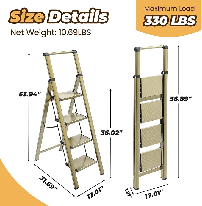 HBTower 4 Step Ladder, Lightweight Aluminum Folding Step Stool | Anti-Slip Wide Pedal, 330lbs Capacity Step Ladder for Household Kitchen Office, Gold