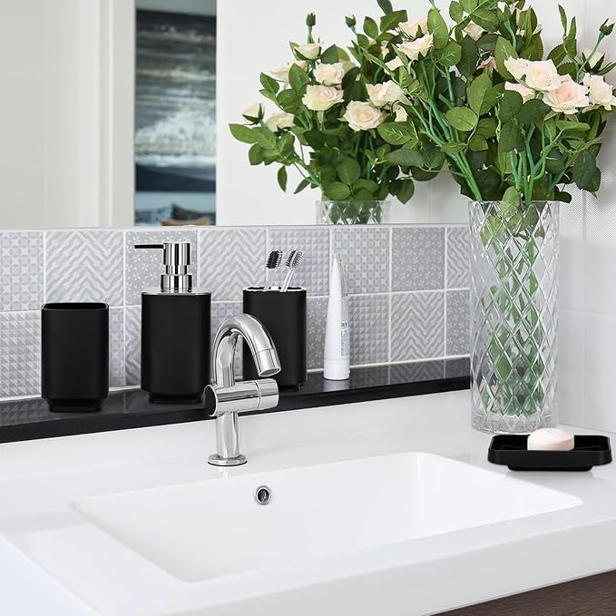 Bathroom Accessory Set 6 Piece Bathroom Accessories Set with Toothbrush Holder&Cup,Soap Dispenser& Dish,Toilet Brush Holder,Trash Can Plastic Gift Set for Bathroom Decorative Countertop (Black