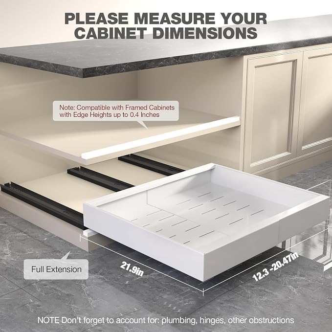 Seinloes 2 Pack Pull Out Cabinet Organizer 22" Deep,Full Extension 3 Slide Rails Slide Out Drawers With Raising Pad for Framed Cabinets,Expandable Width (12.3"-20.5"),No Drill Roll Out shelf,White