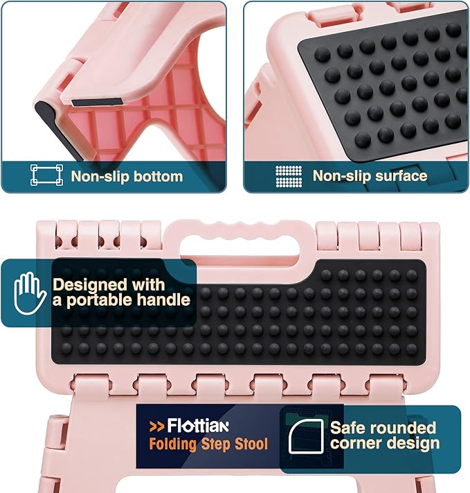 Flottian 13" Folding Step Stool for Adults and Kids Holds Up to 300 lbs,Non-Slip Folding Stools with Handle, Compact Plastic Foldable Step Stool for Bathroom,Bedroom, Kitchen,Sakura Pink,1PC