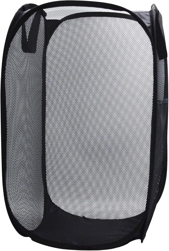 Sturdy Mesh Laundry Hamper Basket Bag,collapsible Pop up for Laundry Room | Folding Foldable Baskets with Side Pocket Travel Clothes Organizer for Bathroom,Kids Room,College Dorm (Vertical,Black)