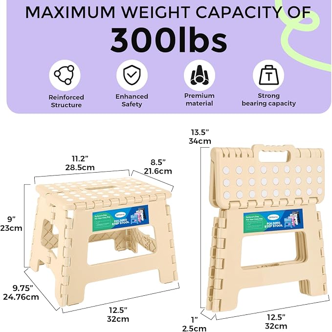 Dyforce Kids Step Stool 9 Inch, 300lbs Folding Step Stool for Toddler | Step stool for Khaki,Anti-slip Heavy Duty with Handle, Lightweight Foldable Foot Stool for Bathroom Kitchen Bedroom Outdoor