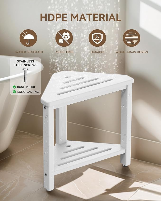 Shower Foot Rest 15in, HDPE Waterproof Shower Stool for Inside Shower, Corner Shower Stool for Shaving Legs with Storage Shelf for Small Space, Shower Step Stool, Plastic Corner Shower Bench, White