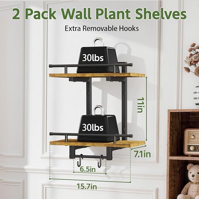 LASZOLA Floating Plant Shelves Holder Wall Mounted Indoor, 2 Pack Brown | 2 Tier Window Hangers Stand with Hooks, Metal and Wood, Flower Hanging Display Rack for Bedroom Living Room Kitchen Decor