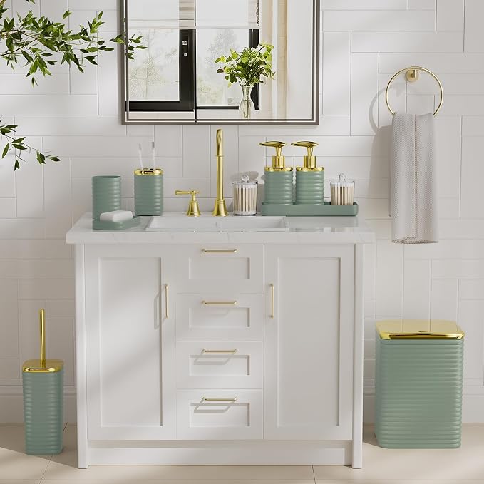 Bathroom Set - 10PC Bathroom Accessory Set, Sage Green Bathroom Set, Luxury Bathroom Accessories Set, Trash Can, Toilet Brush, Soap Dish, Qtip Holder & Soap Dispenser