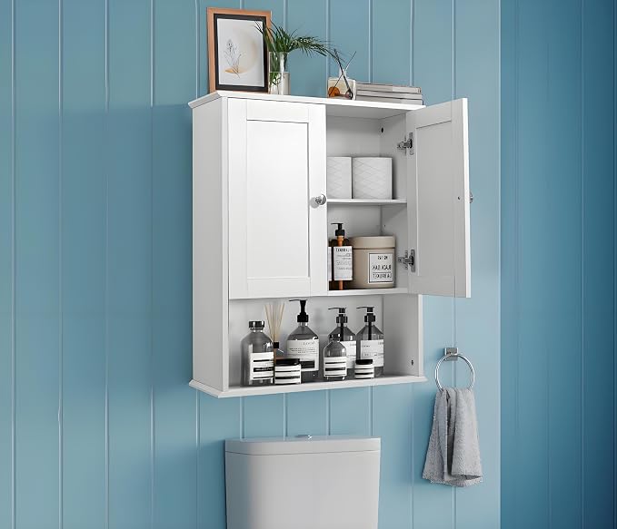 Bathroom Cabinet Wall Mounted Over Toilet Storage Cabinet 20x28 Inch White Wood Wall Space Saver Medicine Cabinets for Bathroom Storage with Adjustable Shelf, 2 Doors, Soft Hinge