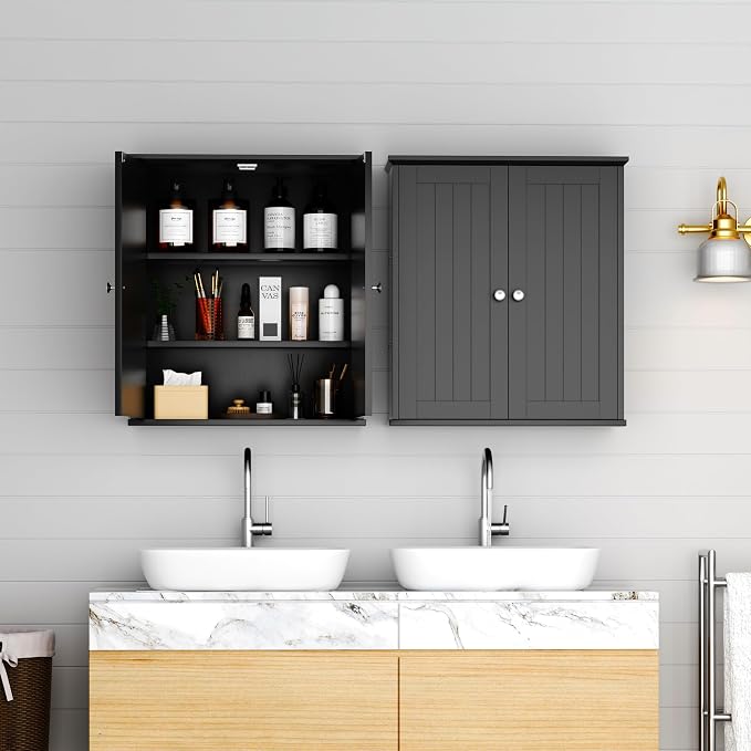 Shintenchi Bathroom Wall Medicine Cabinet, Storage Organizer, 2 Pcs, Black | Bathroom Storage Organizer Cupboard, with 2 Magnet Door and 3-Tier Shelves, Space Saving, Easy to Assemble & Clean