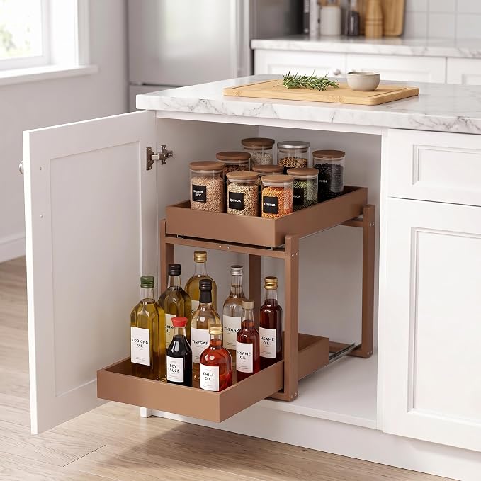 MHXW SXPN Bamboo Under Sink Organizer, 2 Pack Pull Out Cabinet Organizer | 2 Tier Vertical Smooth Slide Out Undersink Storage Shelf | Multi-Purpose Organizer Shelves for Kitchen Bathroom Medicine