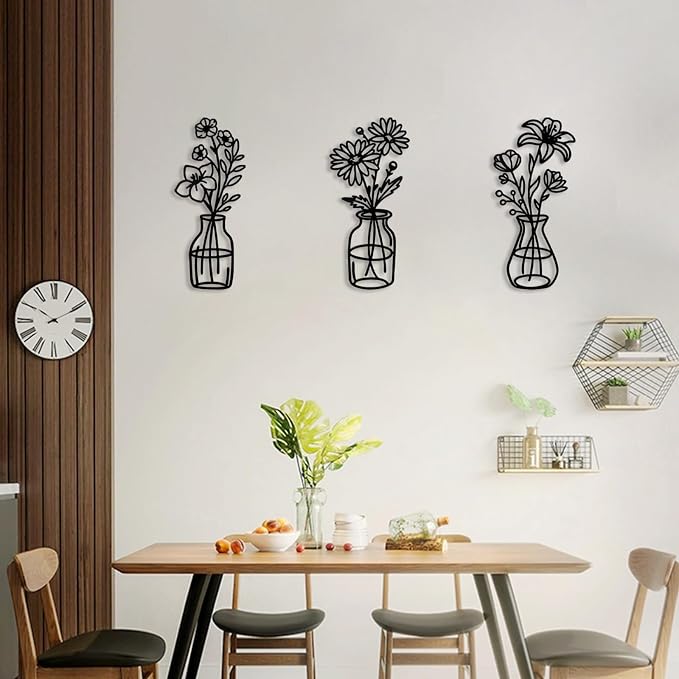 3 Pcs Metal Flowers Wall Arts,Black Metal Vase Wall Art,Iron Art Painting,Rustic Farmhouse Decor Minimalist Flower Decor for Bedroom Bathroom Living Room Dining Room(Black, Vase-A)