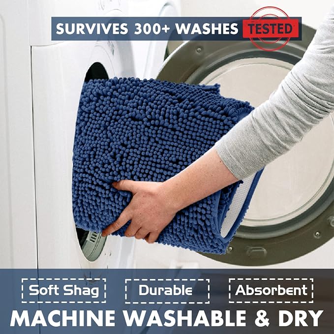 LuxUrux Bath Mat, Extra-Soft Plush Non-Slip Bathroom Rug, Luxury Chenille Microfiber Material, Super Absorbent Shaggy Bath Rug. Machine Wash & Dry (17 x 24 inches, Blue)
