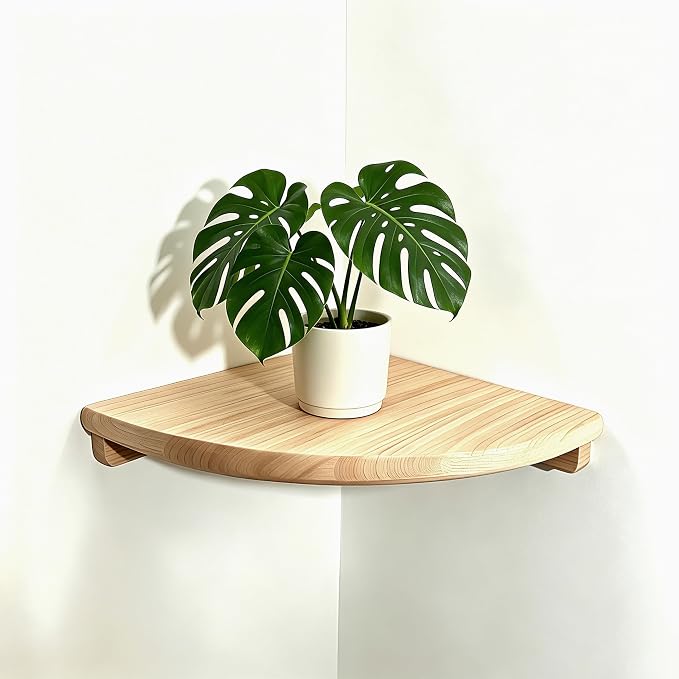 Solid Wood Floating Corner Shelf, 7.1 in Wall Mount Round End | Built-in wire hole, holds small decor, plants & speakers; ideal for bedroom, kitchen, living room