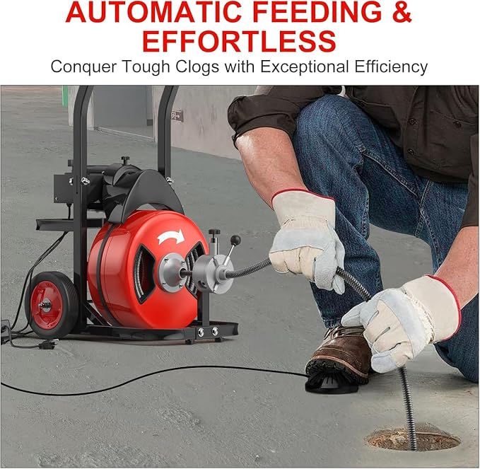 100Ft 3/4 Inch Drain Cleaning Machine. Sewer Snake 750w Auto Feed | Portable Drain Cleaning Machine Electric Drain Auger Sewer Auger with 6 Cutter Air-Activated Foot Switch for 4" to 8" Pipes
