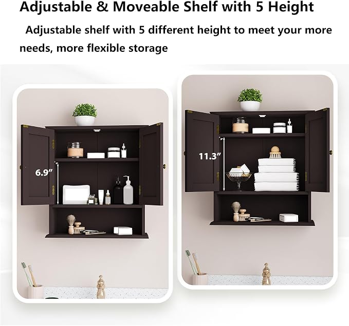 Bathroom Wall Cabinet, Over the Toilet Storage Cabinet with 2 Doors and Adjustable Shelf, Wooden Medicine Cabinet Wall Mounted, Room Space Saver for Bathroom Kitchen