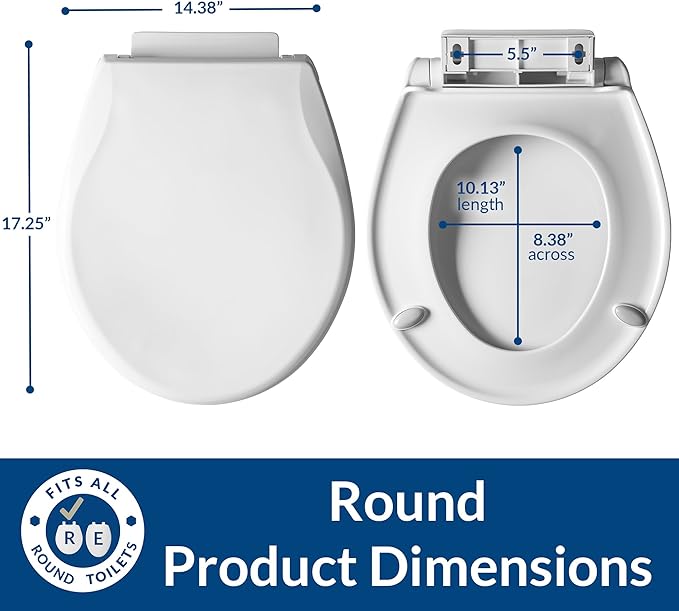 Mayfair Preston Easy to Clean Single Hinge Toilet Seat, Modern Slow Close Plastic Toilet Seat, Made in USA, Round, White