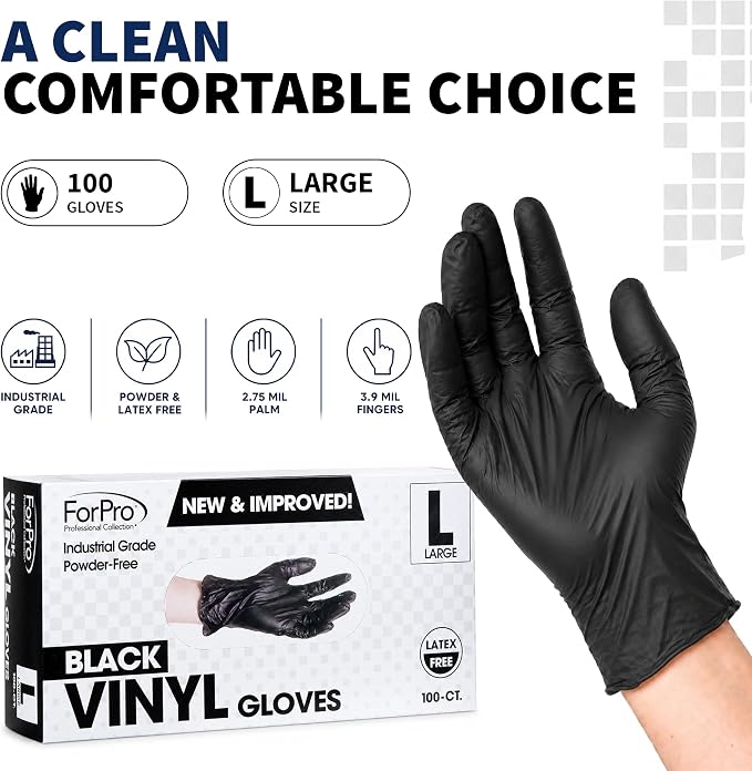 ForPro Disposable Vinyl Gloves, Industrial Grade, Powder & Latex Free, Non-Sterile, Food Safe, 2.75 Mil Palm, 3.9 Mil Fingers