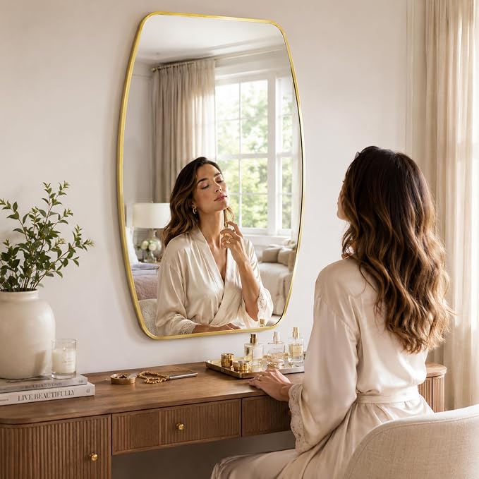 Brushed Gold Curved Rectangle Bathroom Mirror, 24x36 Inch | Aluminum alloy frame, tempered glass, two-way keyhole mount, for bedroom, dresser, hallway