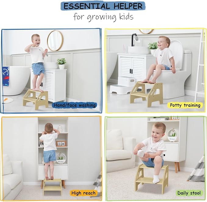 Harwaya 2 Step Stool for Toddlers Bathroom Sink, Kids Step Stool for Toilet Potty Training, Baby Child Toddler Stepping Ladder with Handles for Kitchen Counter Bedroom Nursery Bed (Natural Wood)