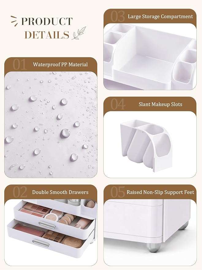 Large Makeup Organizer Countertop for Vanity Skincare Organizers | Cosmetic Display Cases with Drawers and Brushes Holders, Make up Organizers for Perfumes, Nail Polish, Lipsticks, All White